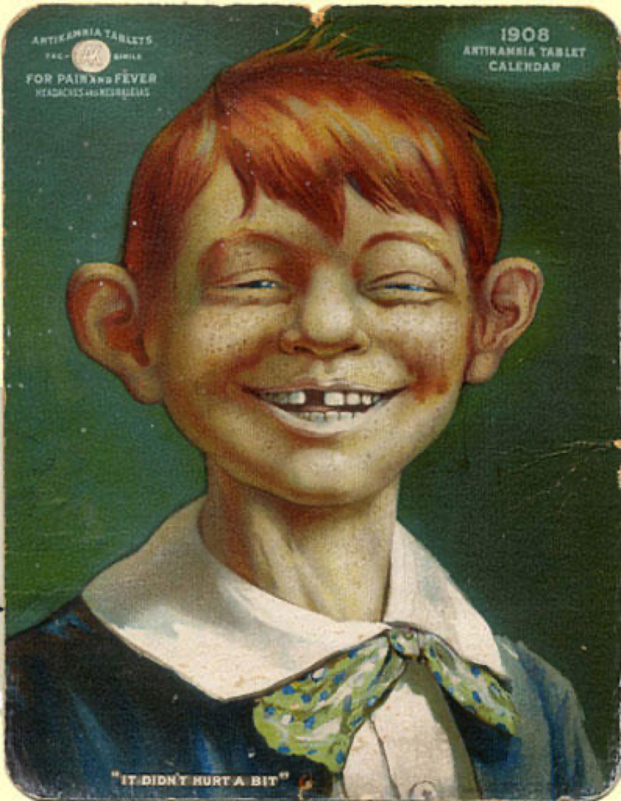 1908 Antikamnia tablet calendar showing the grinning, gap-toothed boy later adopted by Mad magazine as Alfred E. Neuman